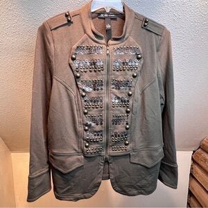 I•N•C INTERNATIONAL CONCEPTS WOMAN Olive green Zip Front Blazer w/Beaded Bib